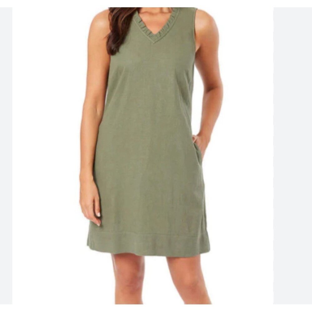 Briggs Dress Womens Medium Linen Olive Green Ruffle Vneck Knee Length Sleeveless